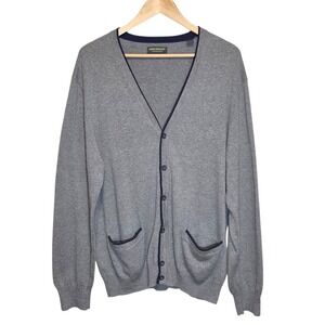 John Bartlett Mens Cardigan  Grey Cotton Preppy‎ Sweater Navy Trim Pockets XL
